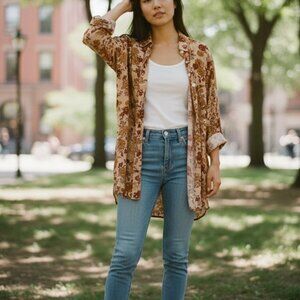 Merit Floral Boho Button Front Shirt M Long Sleeve Earth Tone Top